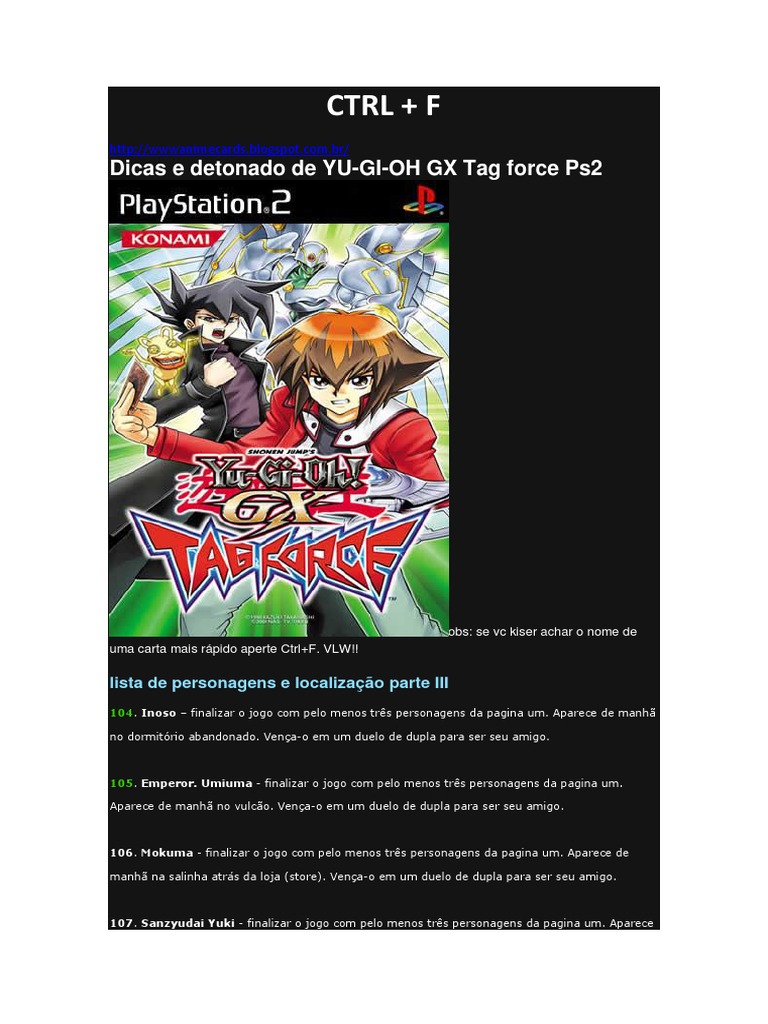 Dicas e Detonado de Yu-Gi-Oh! GX Tag Force PS2, PDF